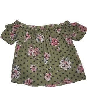 Blue Rain Off Shoulder Olive Pink Floral Lined Top Small